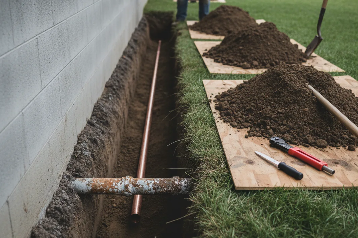 Excavated water line trench during Water Heater Repair in Buffalo Center